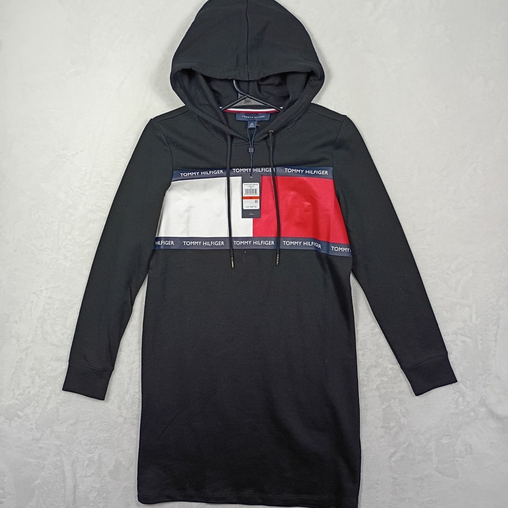 Tommy Hilfiger Sweatshirt Dress Womens XS‎ Black Colorblock Logo Hooded NEW